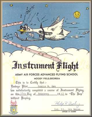 Diplôme de George W. Cox, Ecole de vol aux Instruments